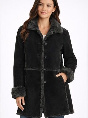 Bernardo Faux Shearling Coat Black Size Small Heavy Winter Jacket Sherpa Trim
